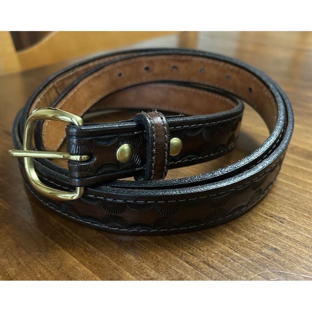 Vintage Gary McCoy Handcrafted Tooled Leather Belt USA Brown Brass Buckle 58"